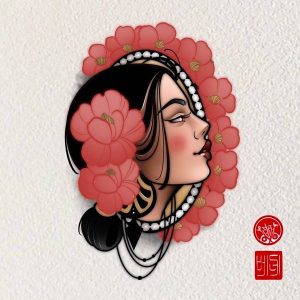 tatuaje de mujer neotradicional con flores