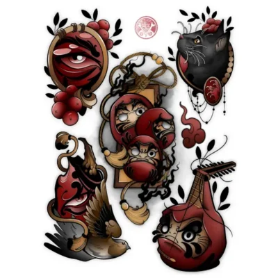 Diseños de tatuajes en estilo neotradicional realizados por Vene Tattoo en Madrid para el evento de Flash day Halloween